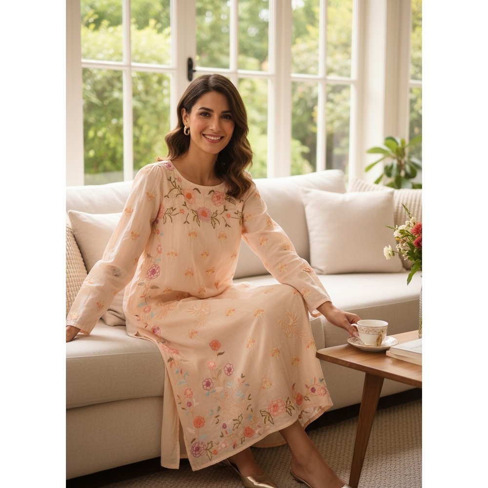 Generation Cottage Floral Embroidered Long Sleeve Tunic Dress Sz 12 Peach Cotton